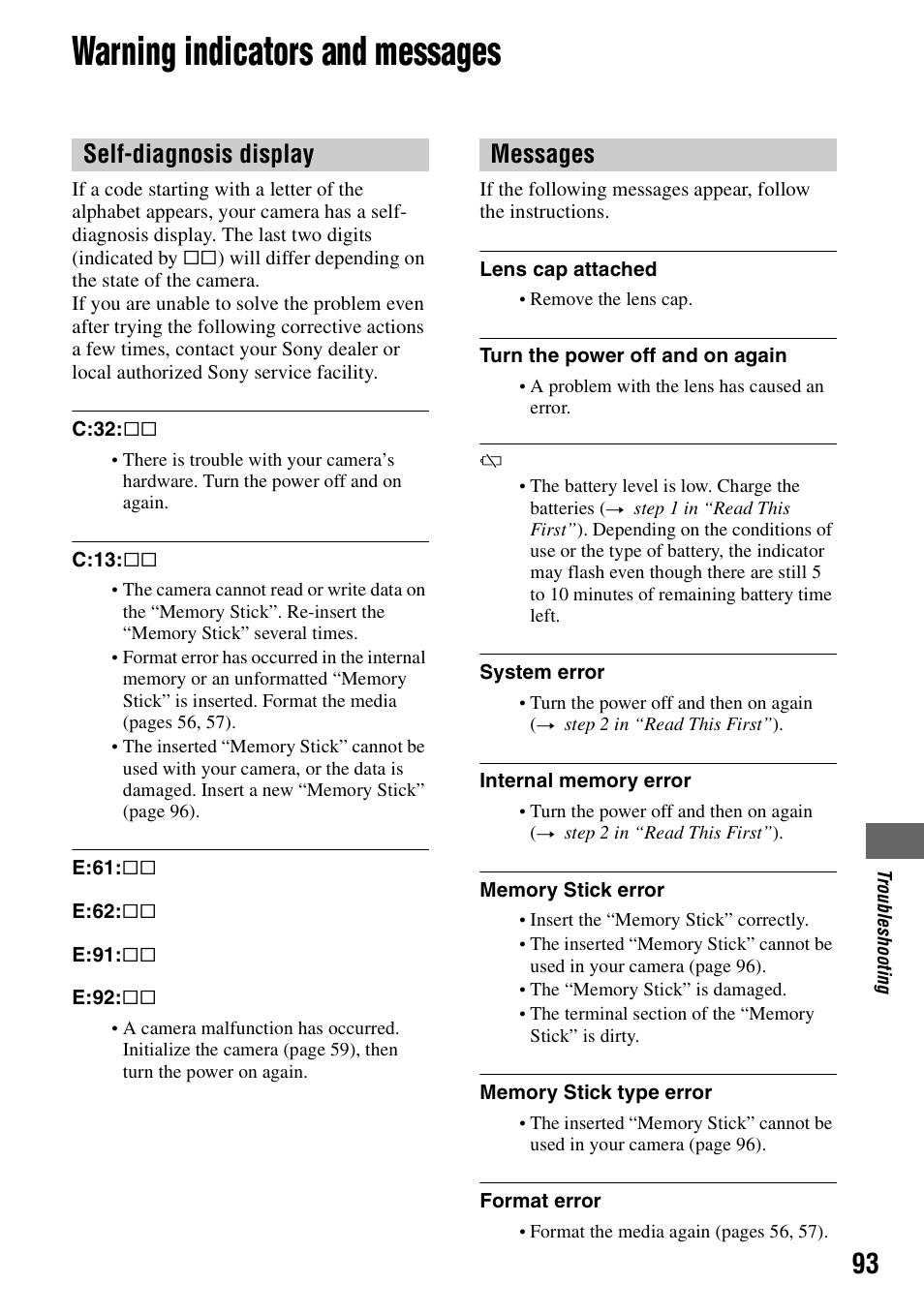 Warning indicators and messages, Y (93), Self-diagnosis display messages | Sony DSC-H1 User Manual | Page 93 / 107