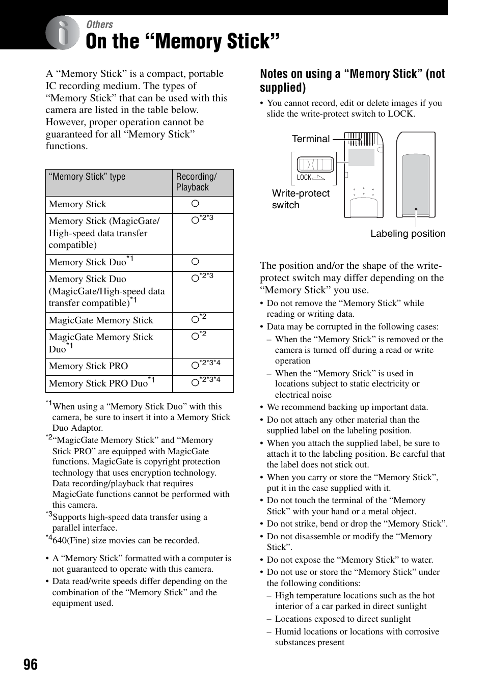 Others, On the “memory stick | Sony DSC-H1 User Manual | Page 96 / 107