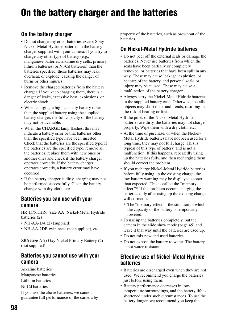 On the battery charger and the batteries, On the battery charger, Batteries you can use with your camera | Batteries you cannot use with your camera, On nickel-metal hydride batteries, Effective use of nickel-metal hydride batteries | Sony DSC-H1 User Manual | Page 98 / 107