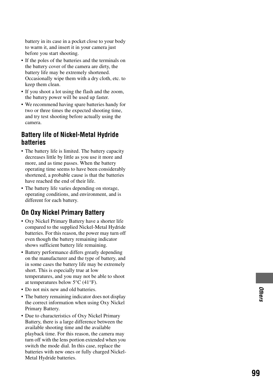 Battery life of nickel-metal hydride batteries, On oxy nickel primary battery | Sony DSC-H1 User Manual | Page 99 / 107