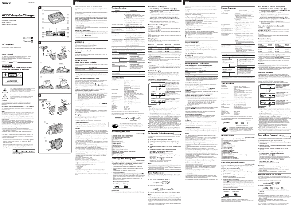Sony AC-VQ850D User Manual | 2 pages