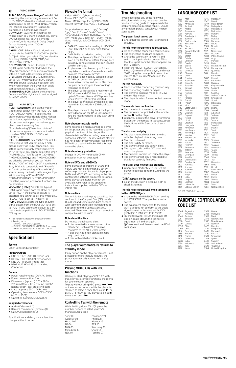 Rtf35313436313a204c332e4f53, Rtf31323537313a204c342e426f, Rtf31393033303a204c342e426f | Rtf36313634393a204c342e426f, Rtf37313330343a204c332e4f53, Rtf38363331393a204c3141433a, Rtf537570706c69656420616363, Specifications, Troubleshooting, Language code list | Sony DVP-SR510H User Manual | Page 2 / 2