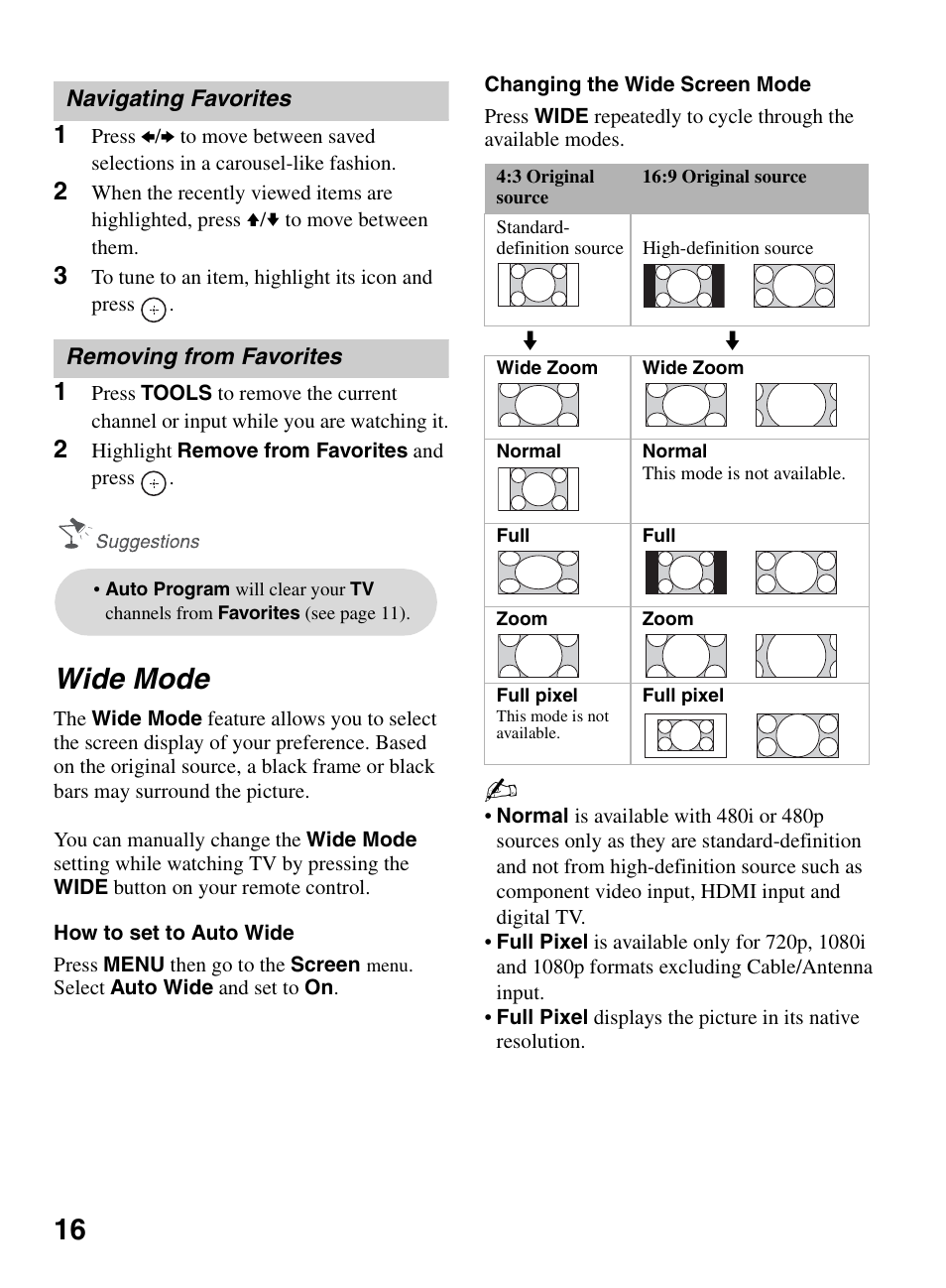 Wide mode | Sony KDL-52VE5 User Manual | Page 16 / 24