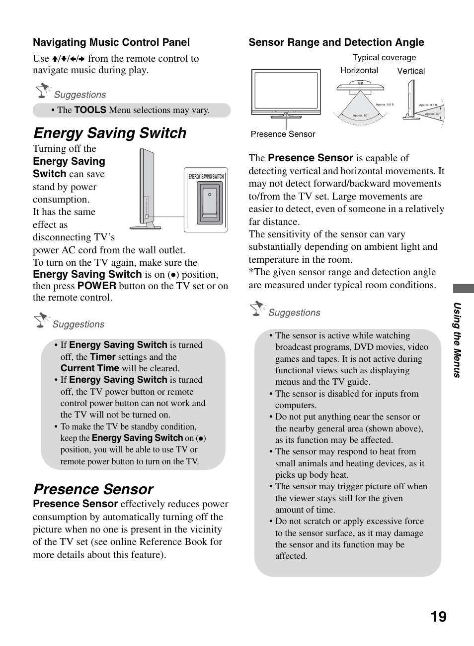 Energy saving switch, Presence sensor, Energy saving switch presence sensor | Sony KDL-52VE5 User Manual | Page 19 / 24