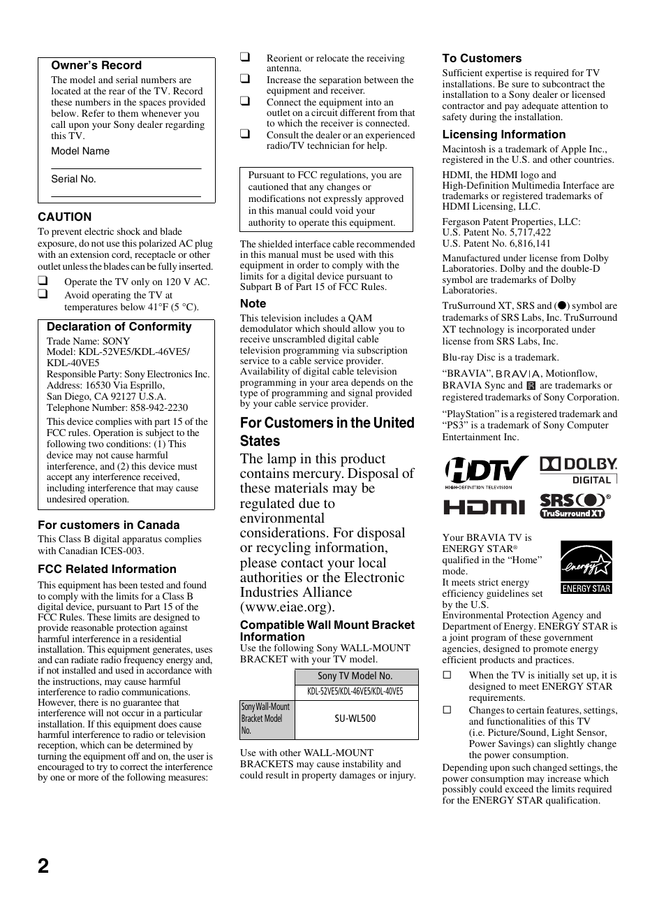 Sony KDL-52VE5 User Manual | Page 2 / 24