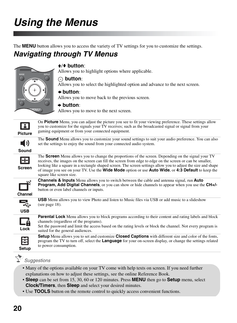 Using the menus, Navigating through tv menus | Sony KDL-52VE5 User Manual | Page 20 / 24