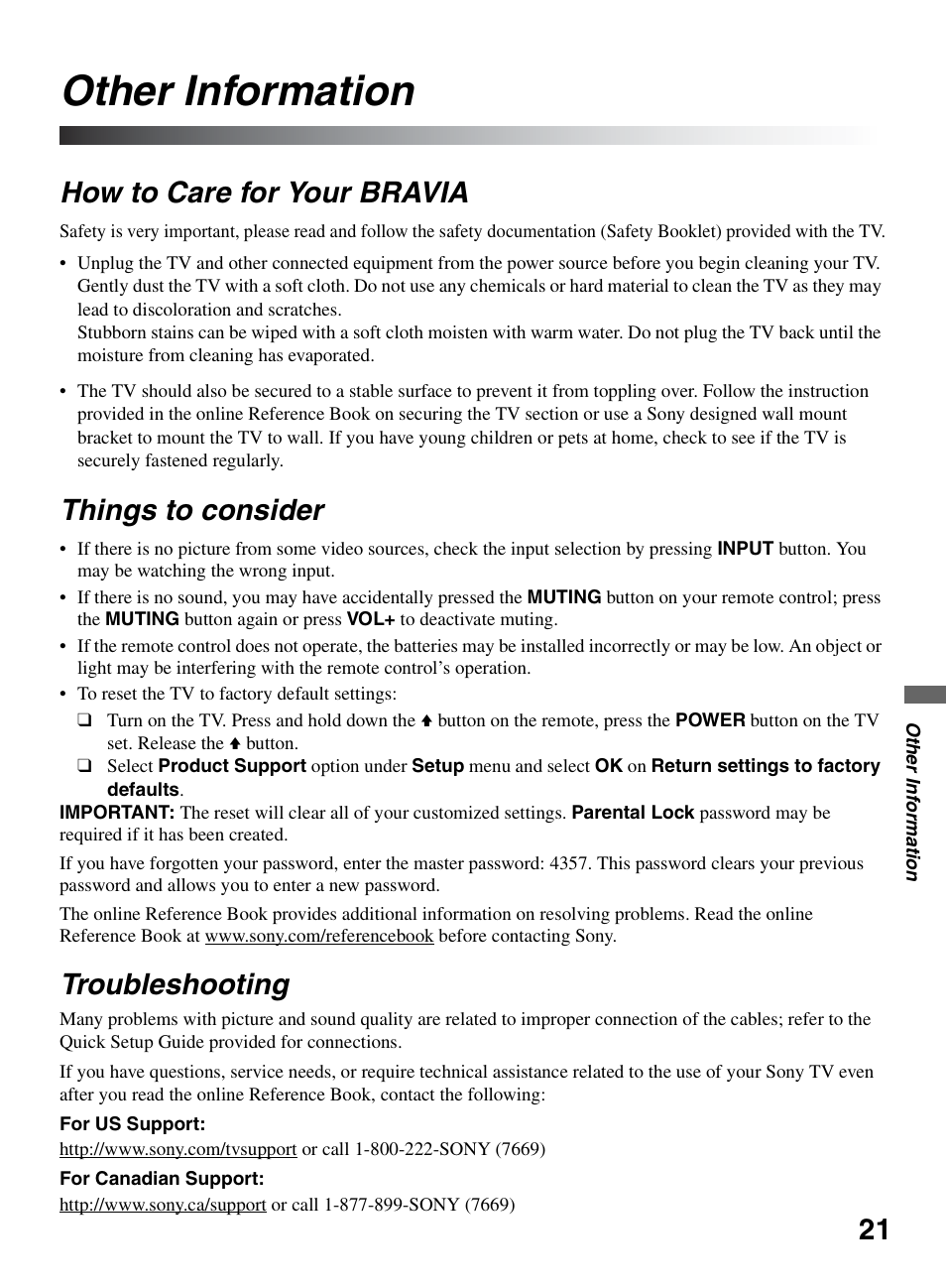 Other information, How to care for your bravia, Things to consider | Troubleshooting | Sony KDL-52VE5 User Manual | Page 21 / 24