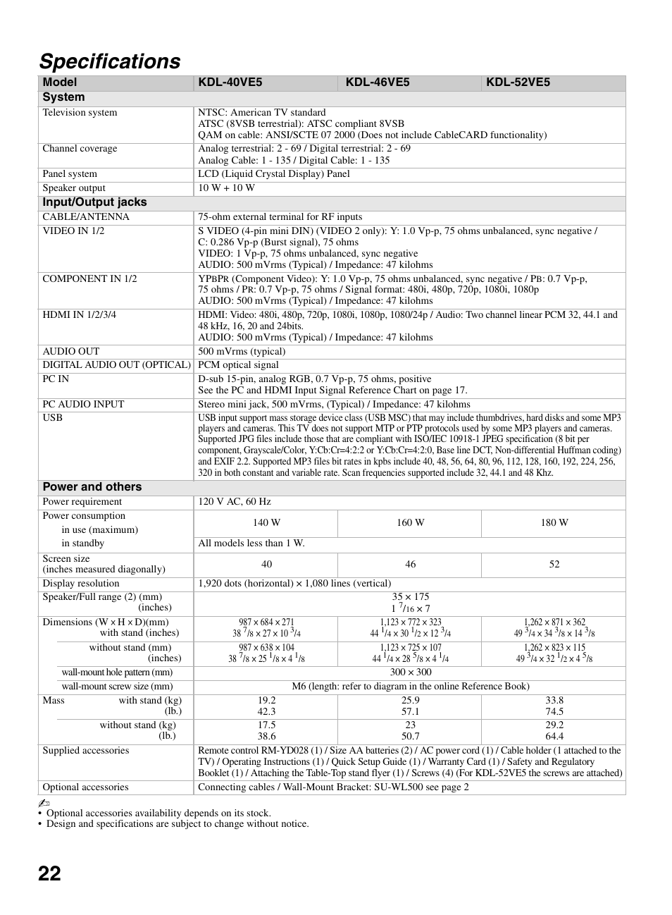 Specifications, 22 specifications | Sony KDL-52VE5 User Manual | Page 22 / 24