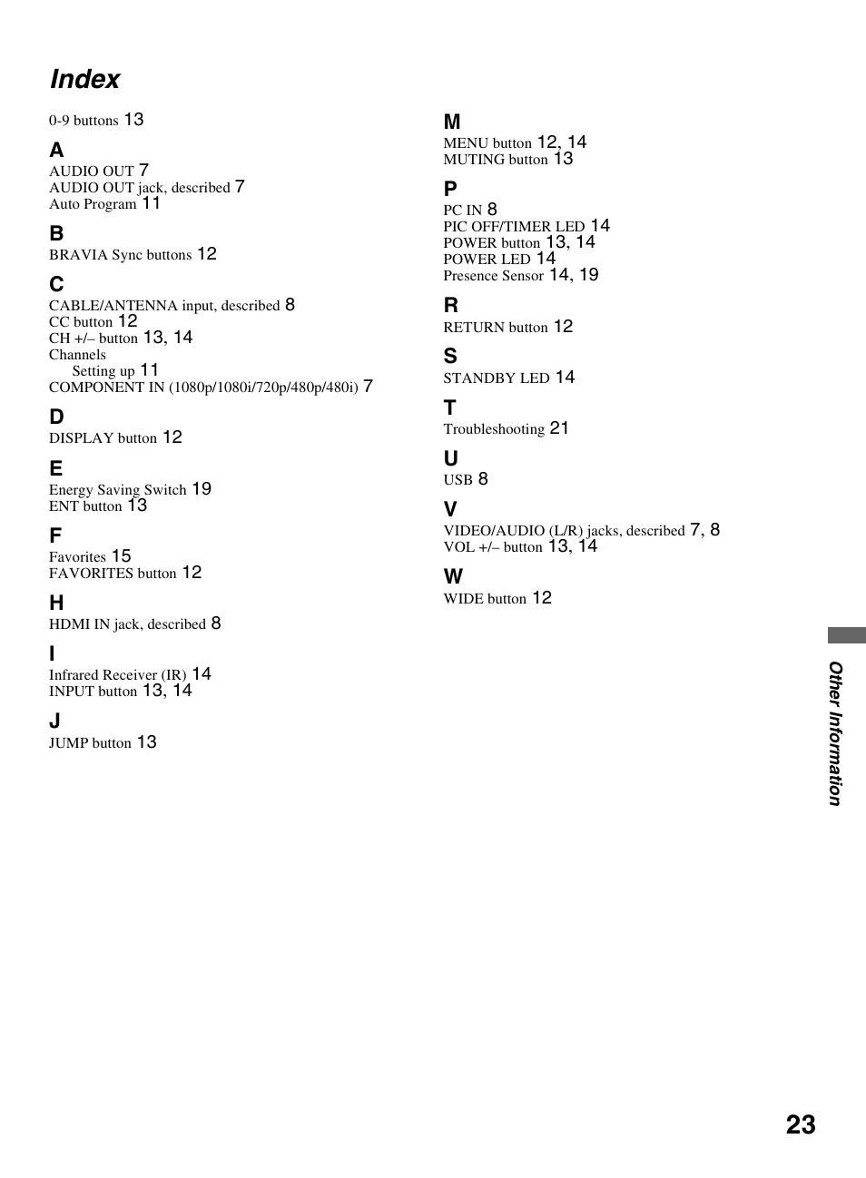 Index | Sony KDL-52VE5 User Manual | Page 23 / 24