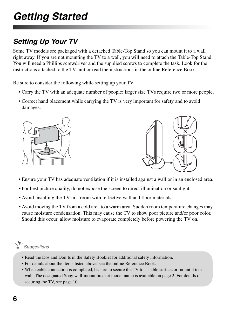 Getting started, Setting up your tv | Sony KDL-52VE5 User Manual | Page 6 / 24