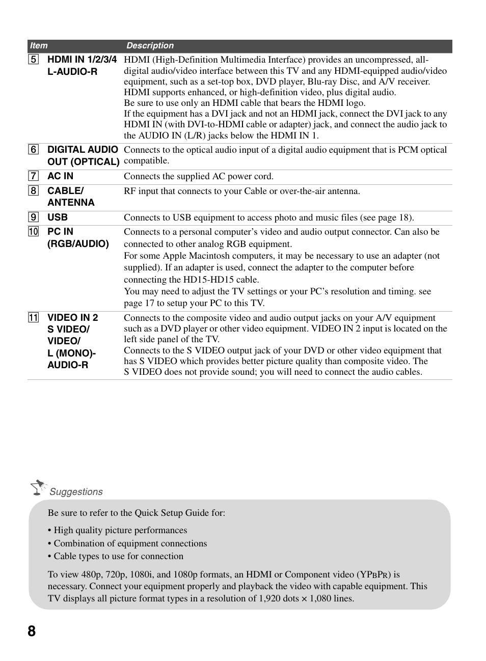 Sony KDL-52VE5 User Manual | Page 8 / 24