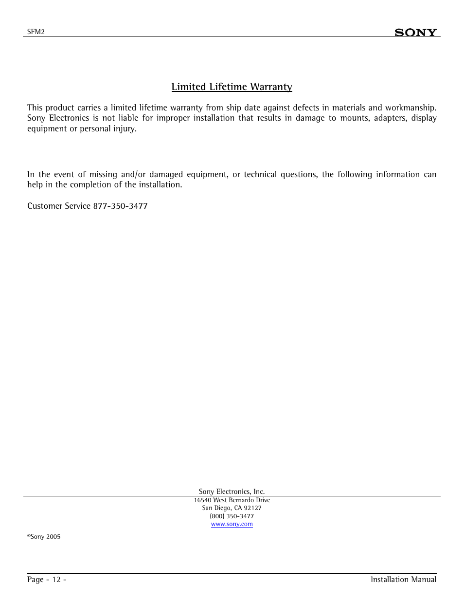 Warranty, Customer support, Limited lifetime warranty | Sony FWD-32LX1R User Manual | Page 12 / 12