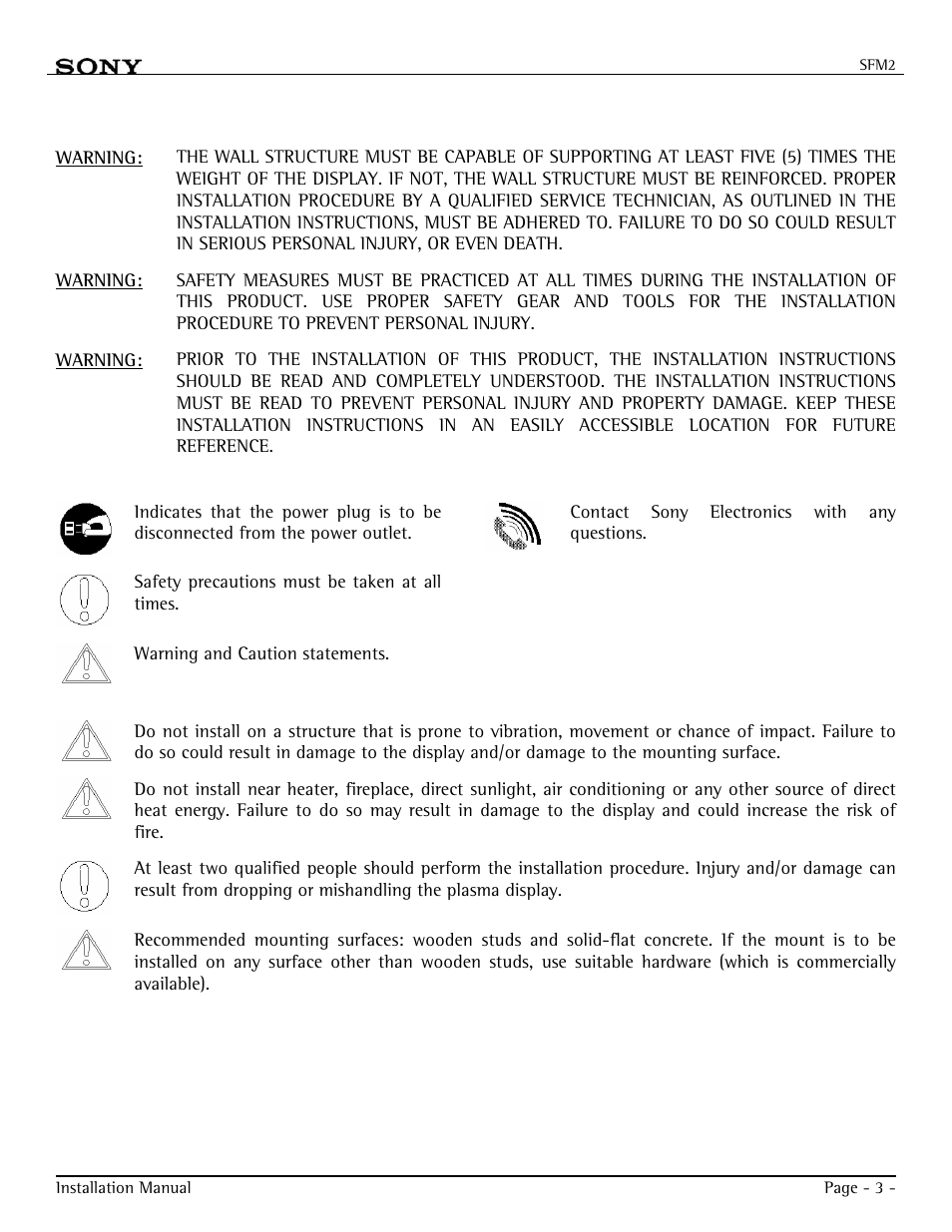 Warning statements | Sony FWD-32LX1R User Manual | Page 3 / 12