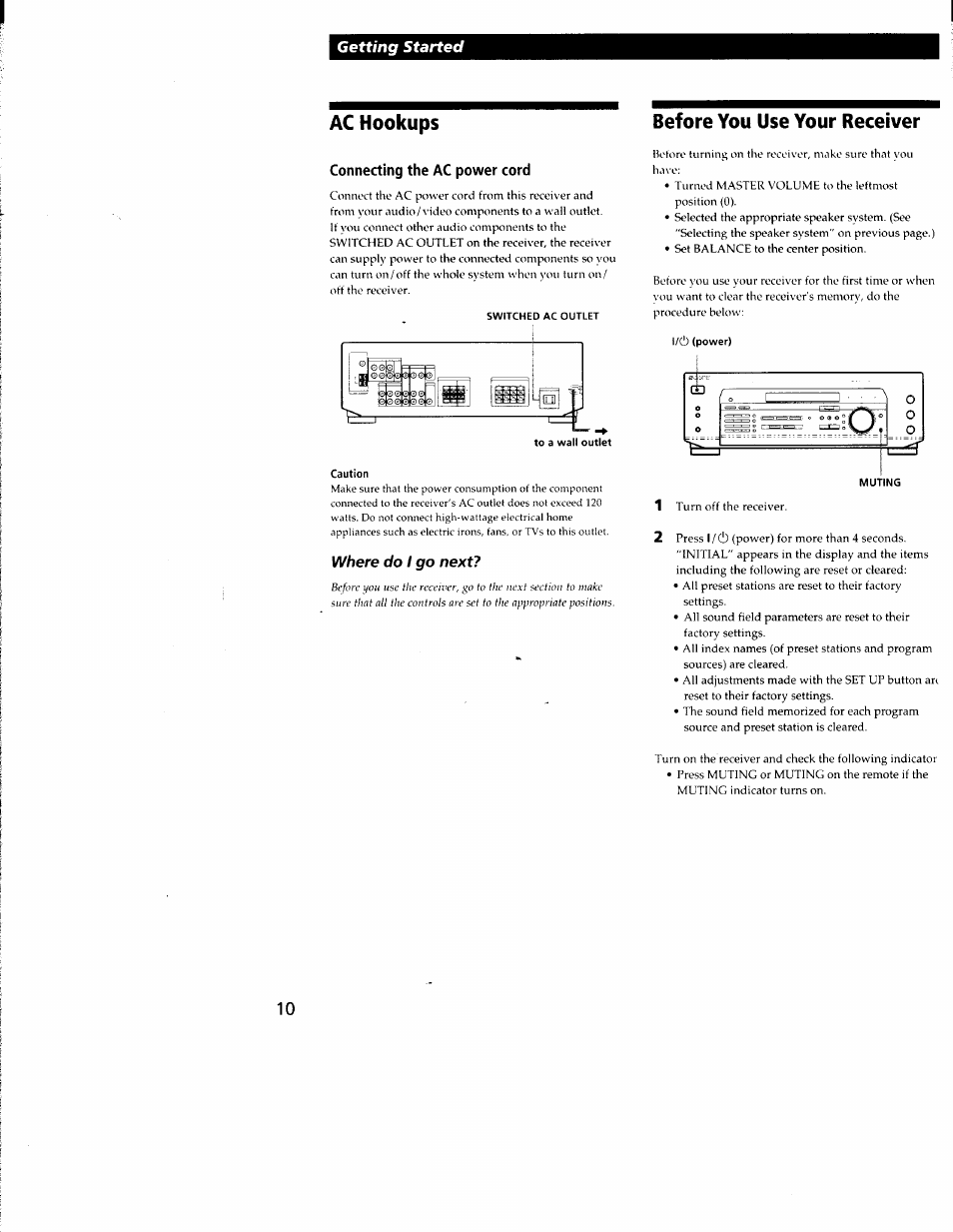 Ac hookups, Connecting the ac power cord, Switched ac outlet | Before you use your receiver, Where do i go next | Sony STR-DE335 User Manual | Page 10 / 27