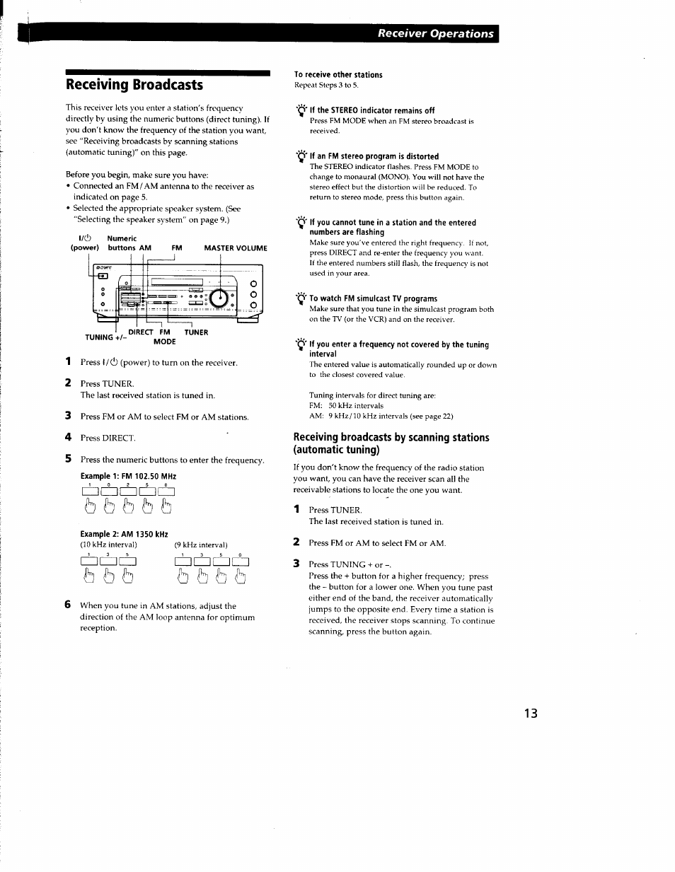 Receiving broadcasts, Example 2: am 1350 khz, To receive other stations | If the stereo indicator remains off, Y if an fm stereo program is distorted, Y to watch fm simulcast tv programs | Sony STR-DE335 User Manual | Page 13 / 27