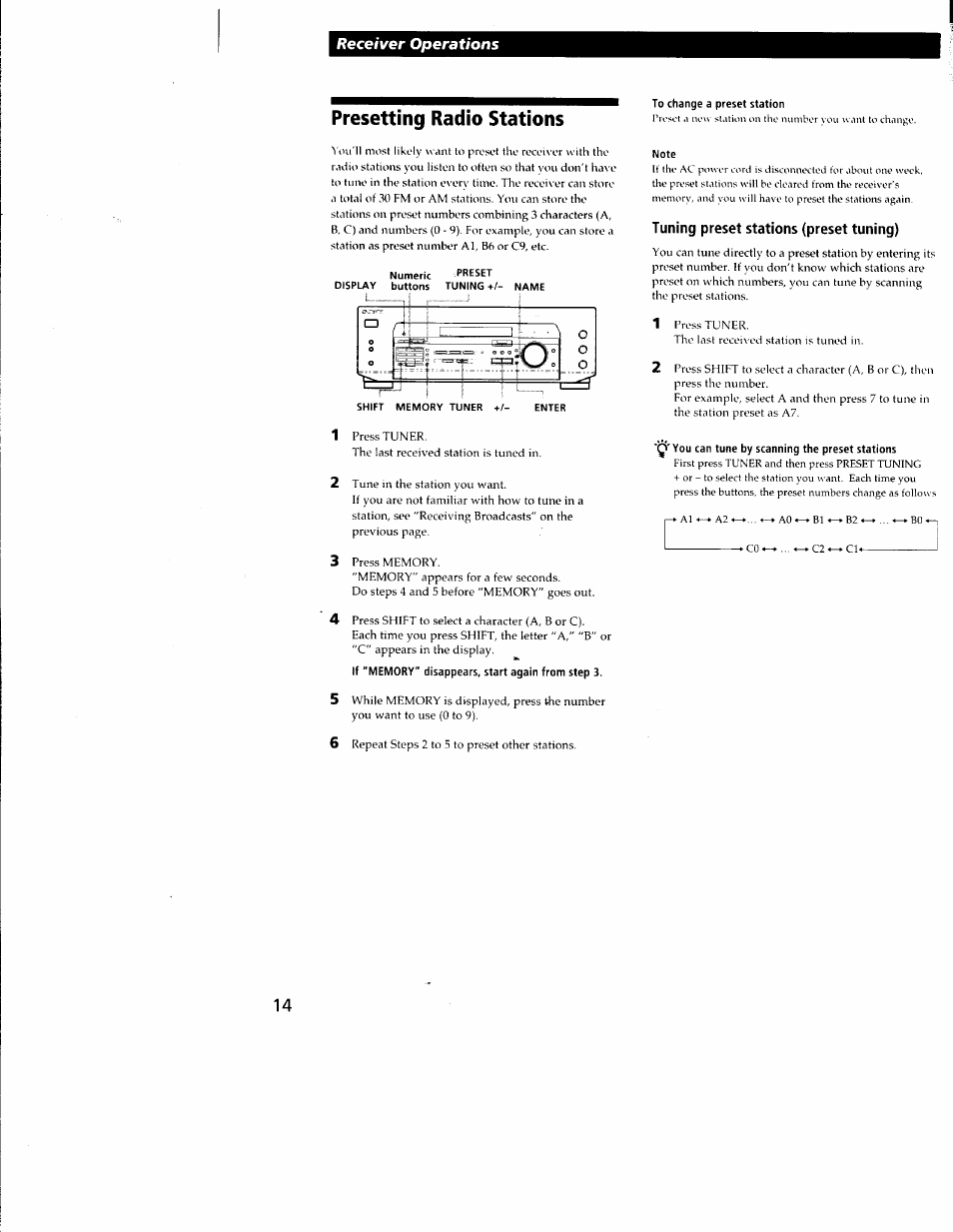 Presetting radio stations, Display, If “memory" disappears, start again from step 3 | To change a preset station, Note, Tuning preset stations (preset tuning), You can tune by scanning the preset stations | Sony STR-DE335 User Manual | Page 14 / 27