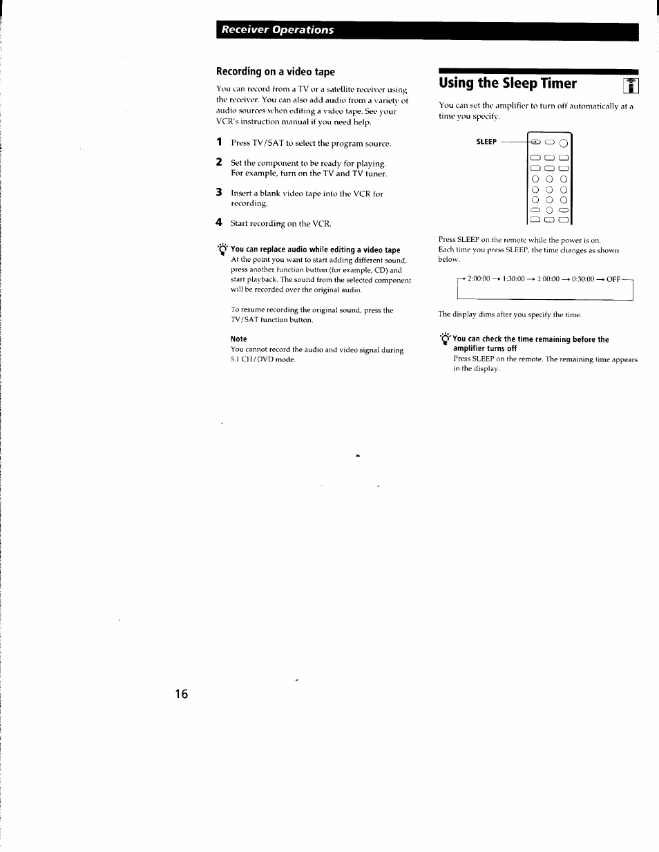 Recording on a video tape, Note, Using the sleep timer | Sony STR-DE335 User Manual | Page 16 / 27