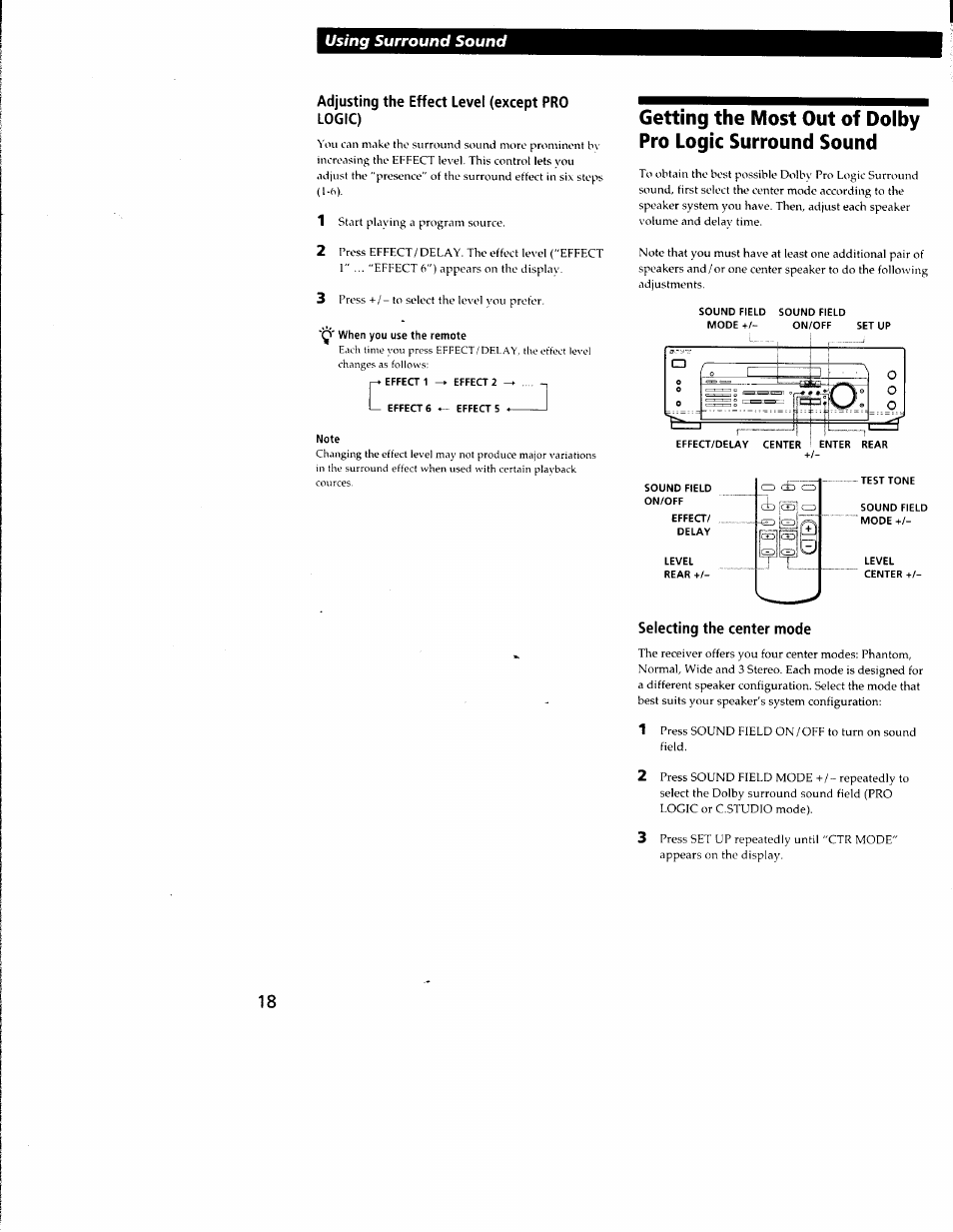 Adjusting the effect level (except pro logic), Q' when you use the remote, L effects effects ^ 1 | Note, Sound field sound field, Selecting the center mode | Sony STR-DE335 User Manual | Page 18 / 27