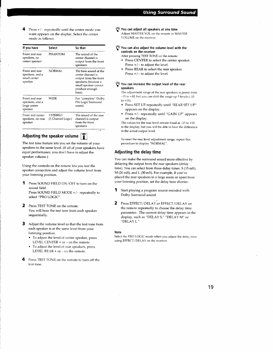 You can adjust all speakers at one time, Adjusting the speaker volume, Adjusting the delay time | Note | Sony STR-DE335 User Manual | Page 19 / 27