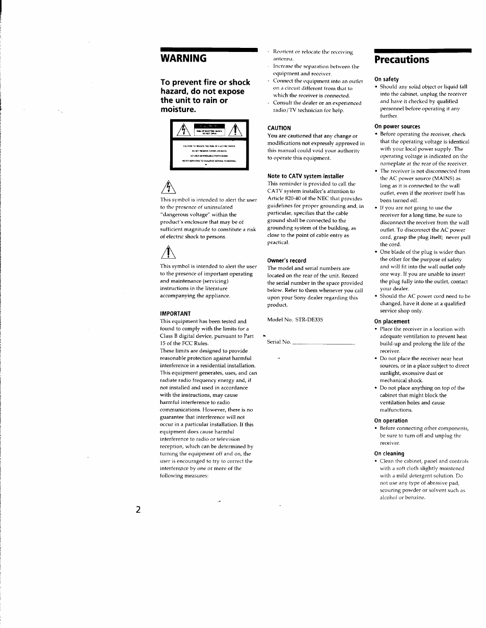 Warning, Important, Caution | Note to catv system installer, Owner's record, Precautions, On safety, On power sources, On placement, On operation | Sony STR-DE335 User Manual | Page 2 / 27