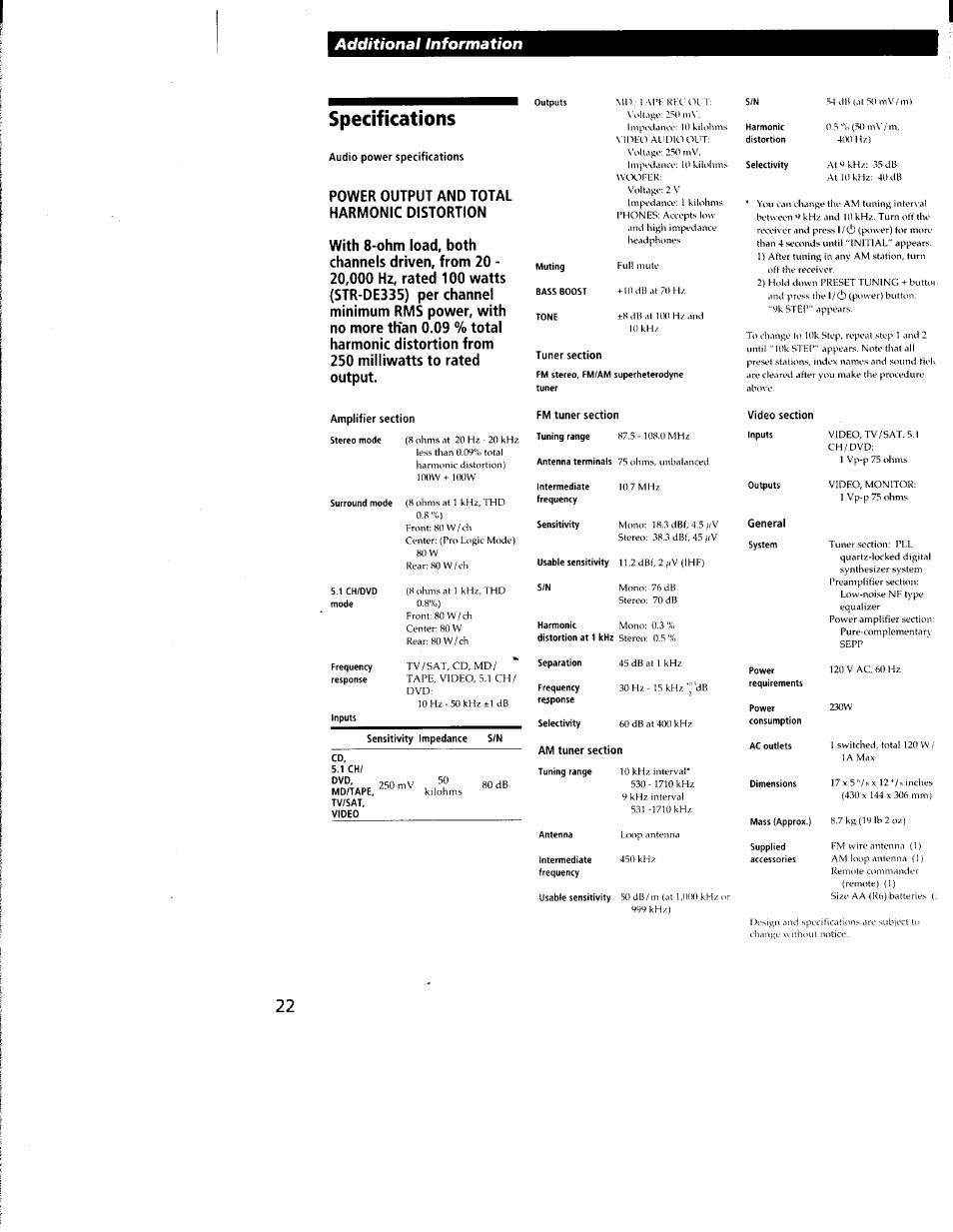 Specifications, Audio power specifications, Amplifier section | Fm tuner section, Am tuner section, Additional information | Sony STR-DE335 User Manual | Page 22 / 27