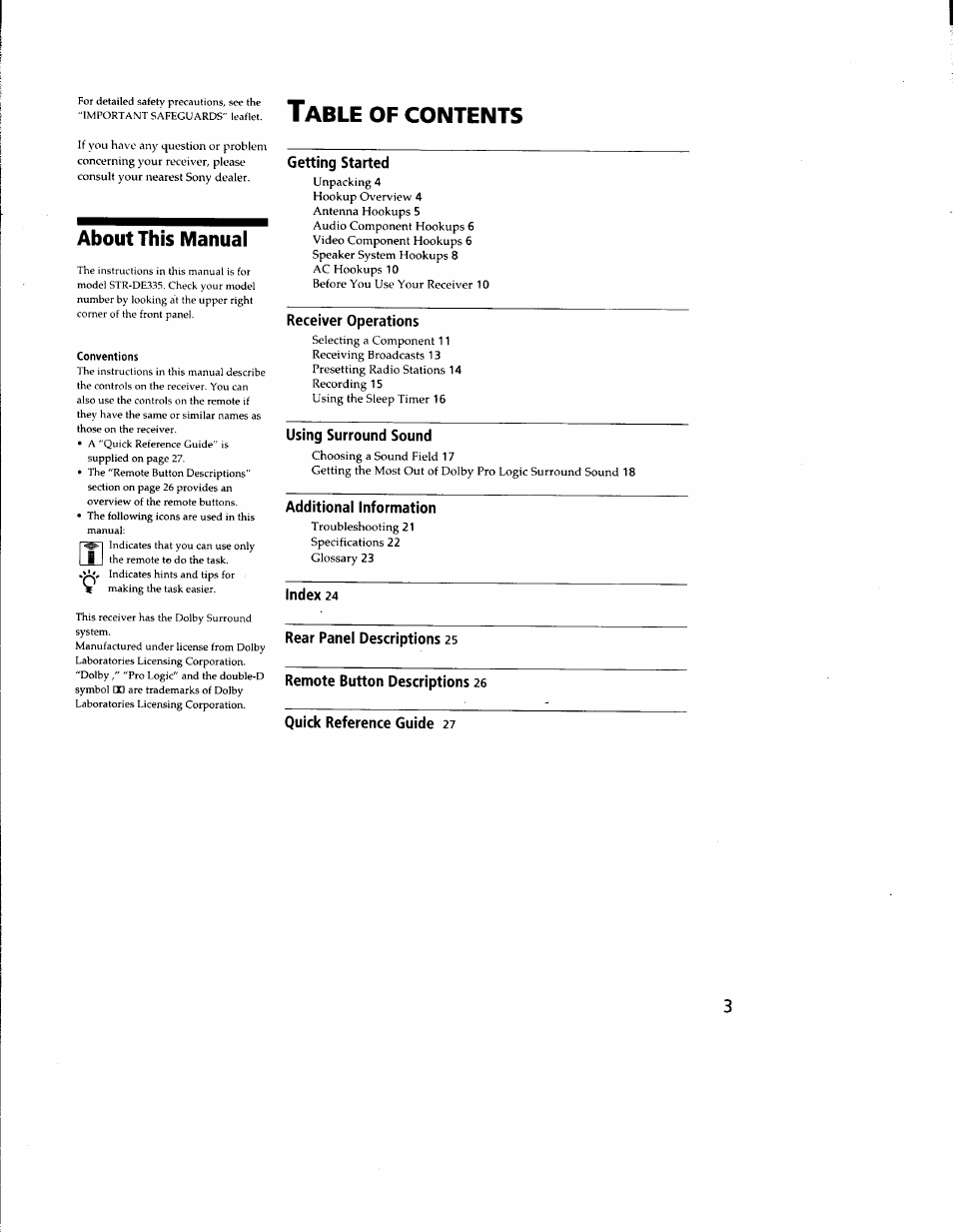 About this manual, Conventions, Getting started | Receiver operations, Additional information, Index 24, Rear panel descriptions 25, Remote button descriptions 26, Quick reference guide 27 | Sony STR-DE335 User Manual | Page 3 / 27