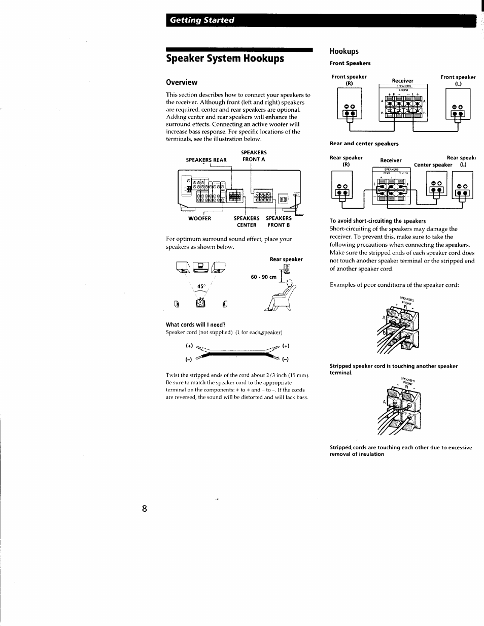 Speaker system hookups, Overview, What cords will i need | To avoid short-circuiting the speakers | Sony STR-DE335 User Manual | Page 8 / 27