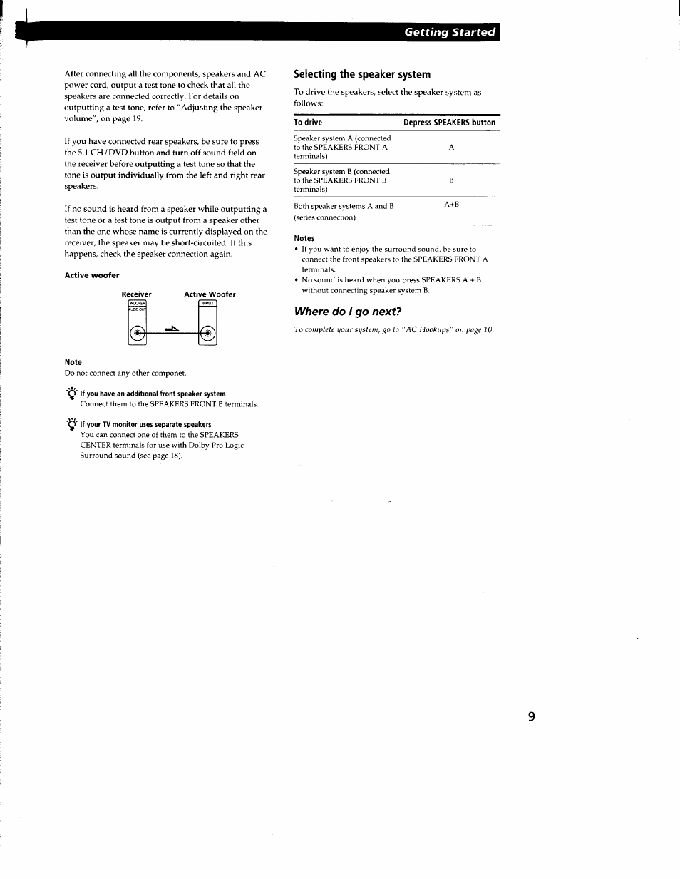 Selecting the speaker system, Note, Where do i go next | Sony STR-DE335 User Manual | Page 9 / 27