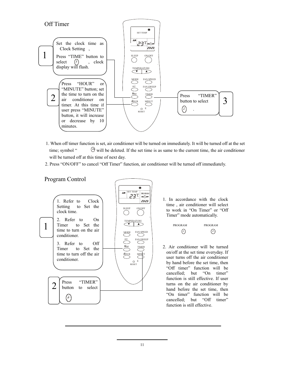 Key-operating instructon for the air conditioner, Off timer, Program control | Alen C475A User Manual | Page 11 / 18