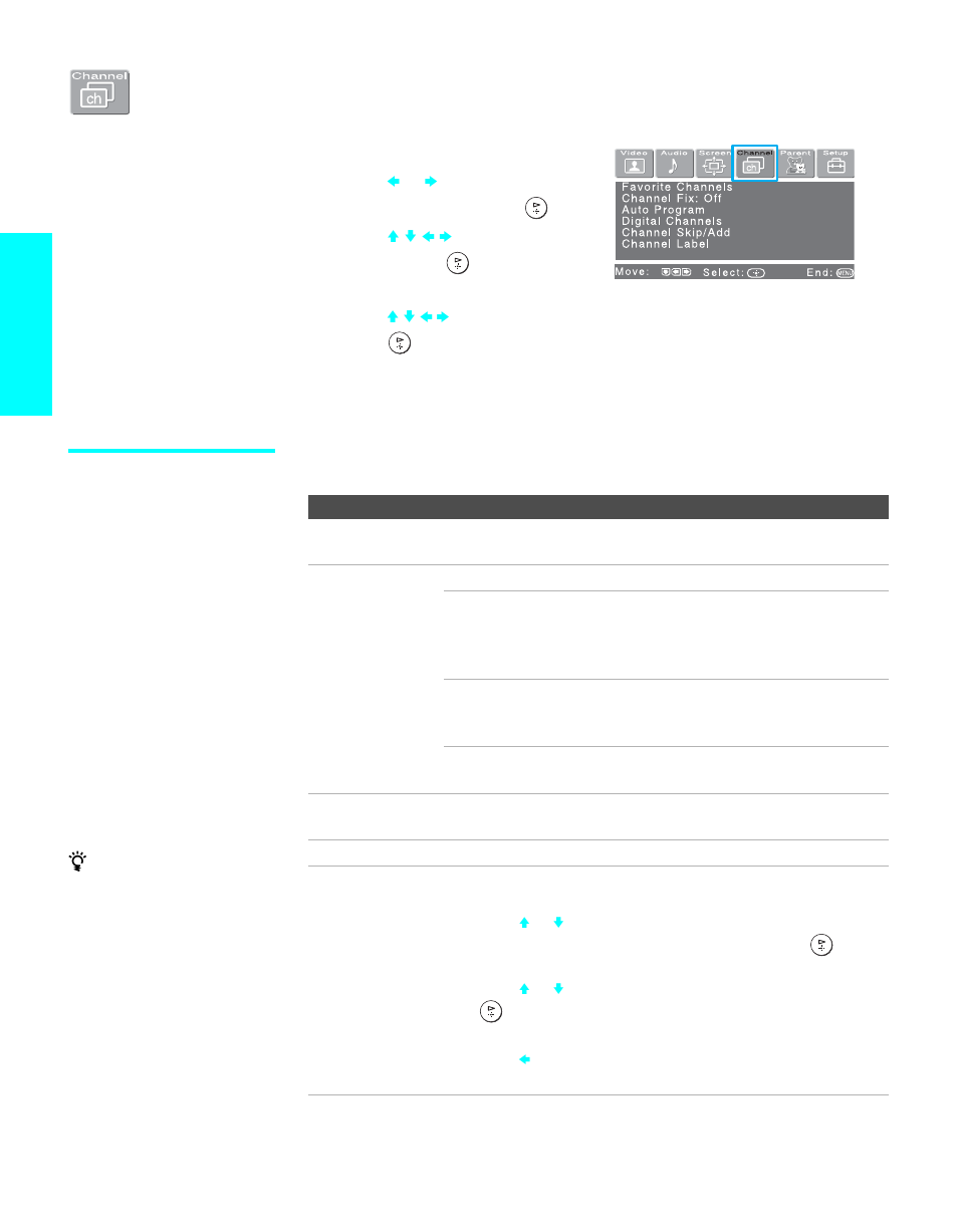 Using the channel menu, Selecting channel options, Menus | Sony KDL-32XBR950 User Manual | Page 112 / 136