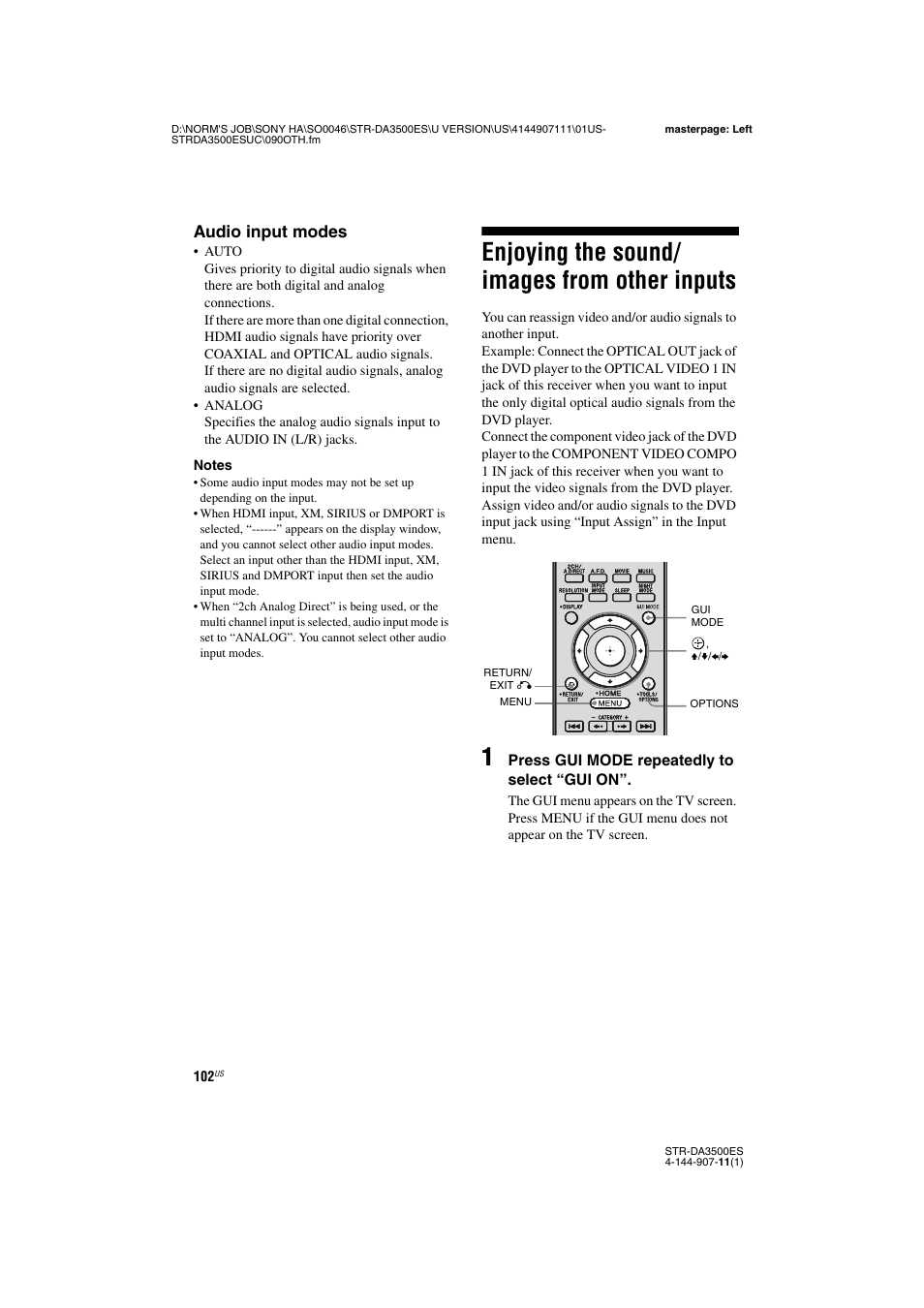 Enjoying the sound/ images from other inputs, Enjoying the sound/images from other, Inputs | Audio input modes | Sony STR-DA3500ES User Manual | Page 102 / 148
