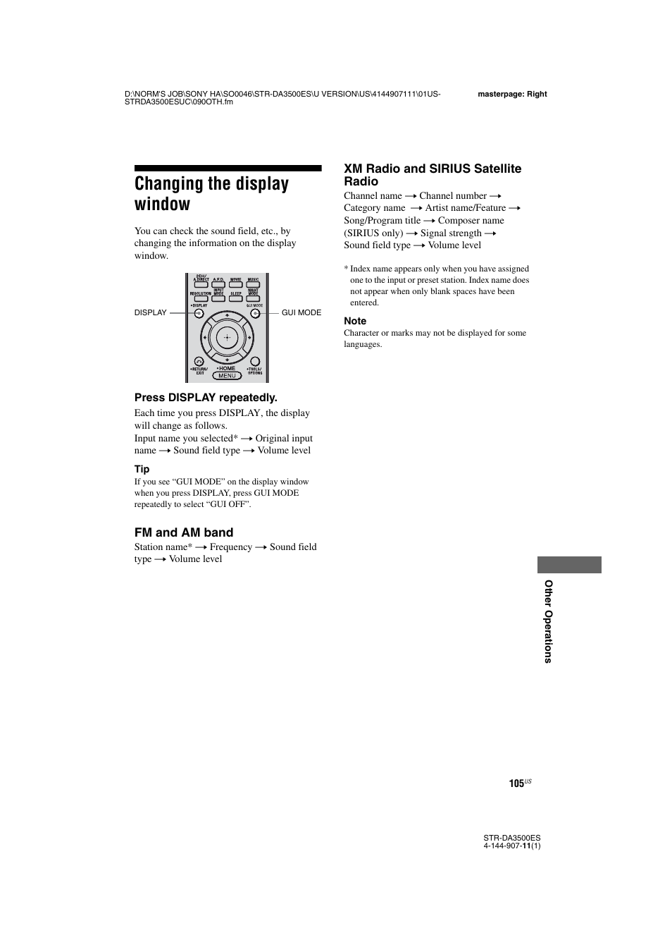 Changing the display window | Sony STR-DA3500ES User Manual | Page 105 / 148