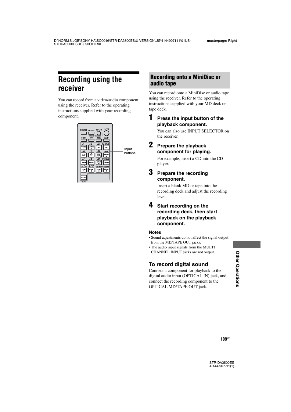 Recording using the receiver, Recording onto a minidisc or audio tape | Sony STR-DA3500ES User Manual | Page 109 / 148