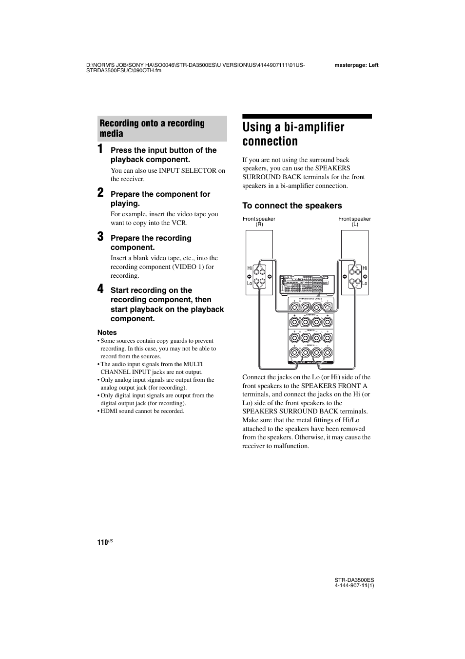 Using a bi-amplifier connection, Recording onto a recording media | Sony STR-DA3500ES User Manual | Page 110 / 148