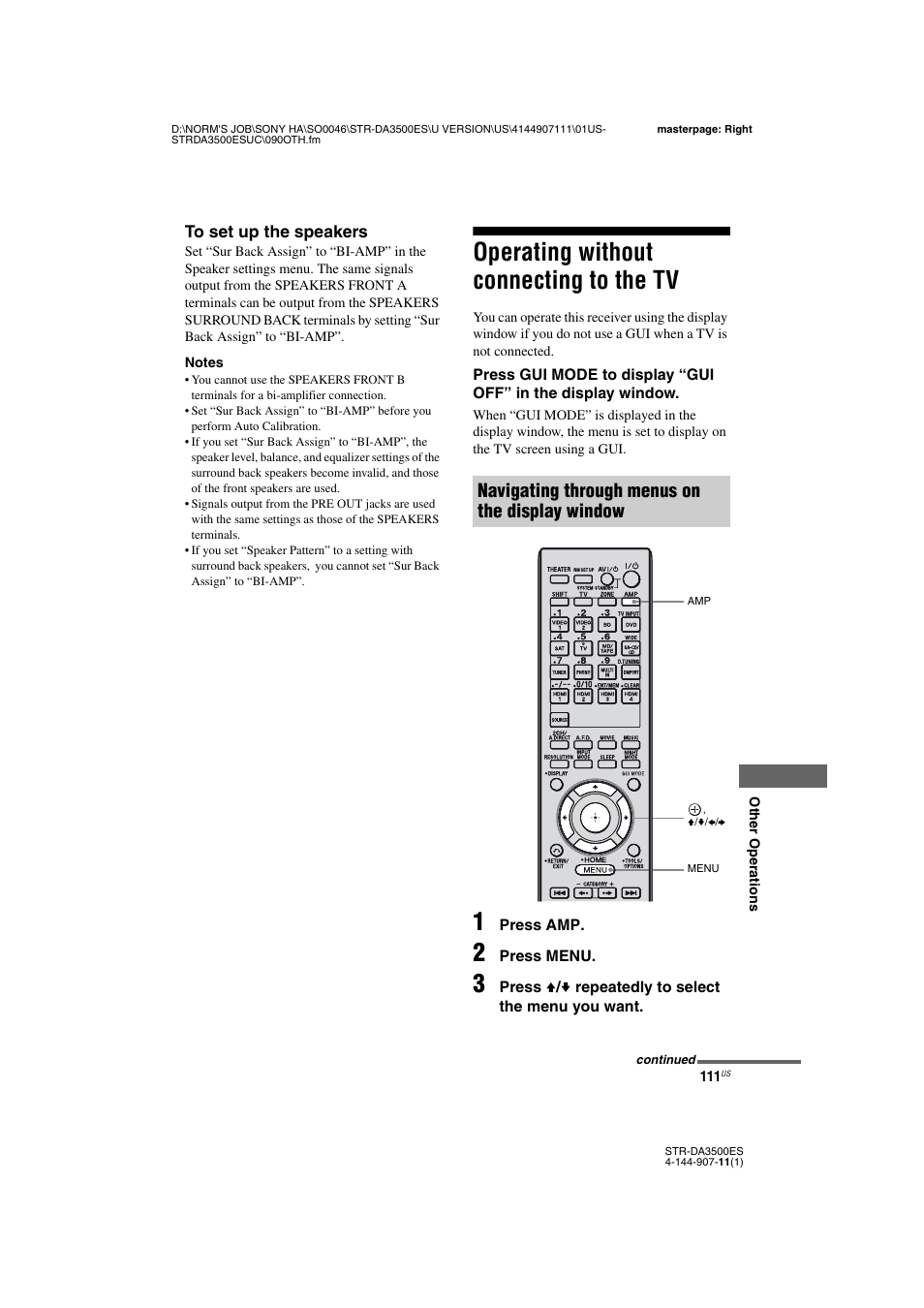 Operating without connecting to the tv, Operating without connecting to the, Navigating through menus on the display window | Sony STR-DA3500ES User Manual | Page 111 / 148