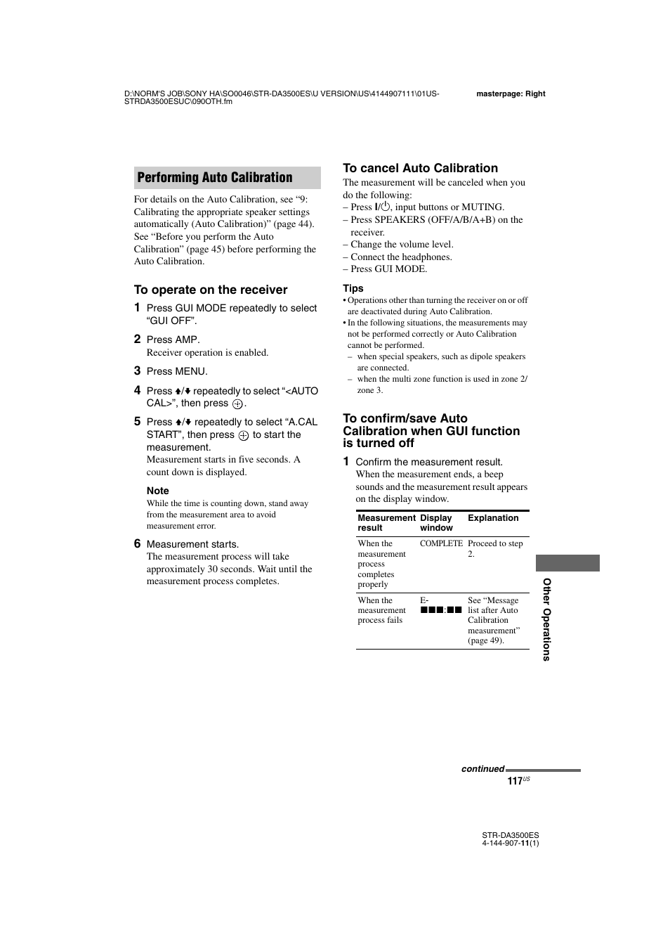 Performing auto calibration | Sony STR-DA3500ES User Manual | Page 117 / 148