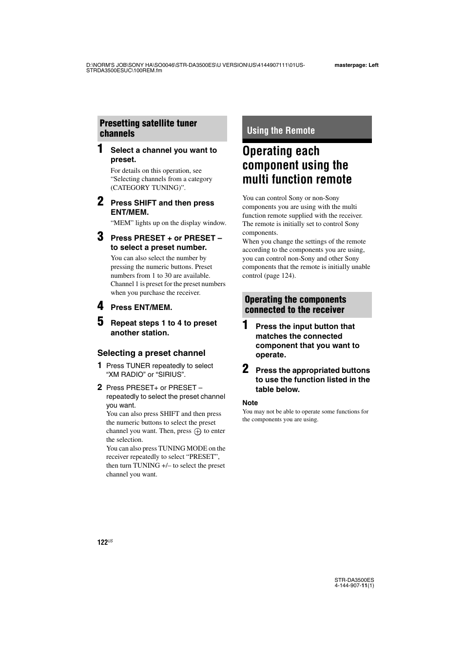 Using the remote, Operating each component using the multi, Function remote | Sony STR-DA3500ES User Manual | Page 122 / 148