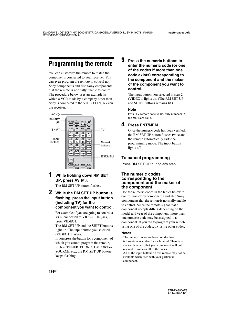 Programming the remote | Sony STR-DA3500ES User Manual | Page 124 / 148