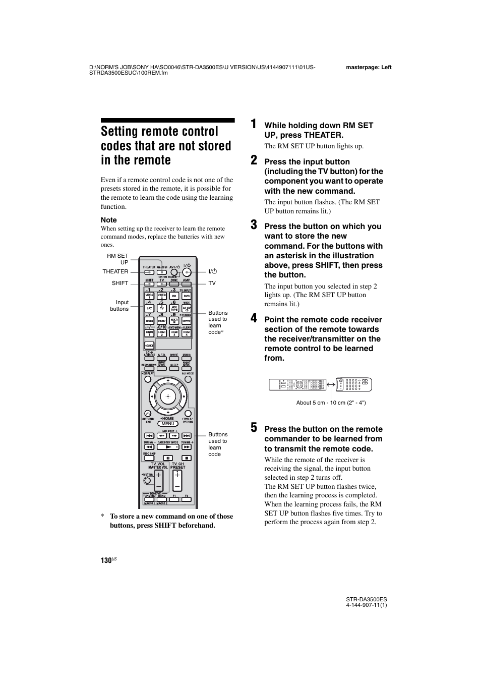 Setting remote control codes that are not, Stored in the remote | Sony STR-DA3500ES User Manual | Page 130 / 148