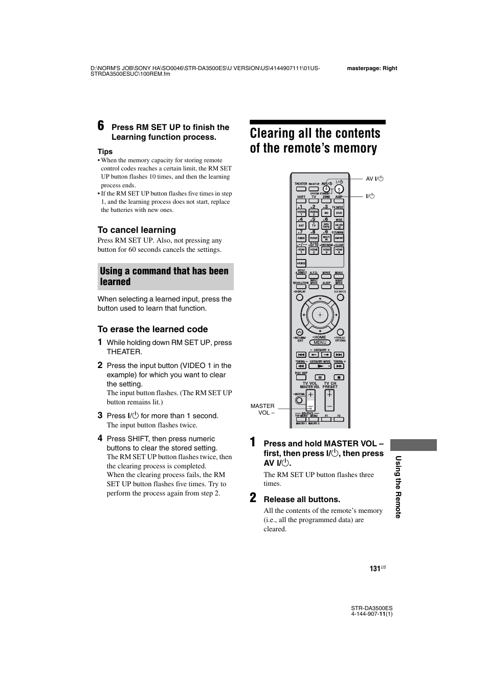 Clearing all the contents of the remote’s memory, Clearing all the contents of the remote’s, Memory | Using a command that has been learned | Sony STR-DA3500ES User Manual | Page 131 / 148