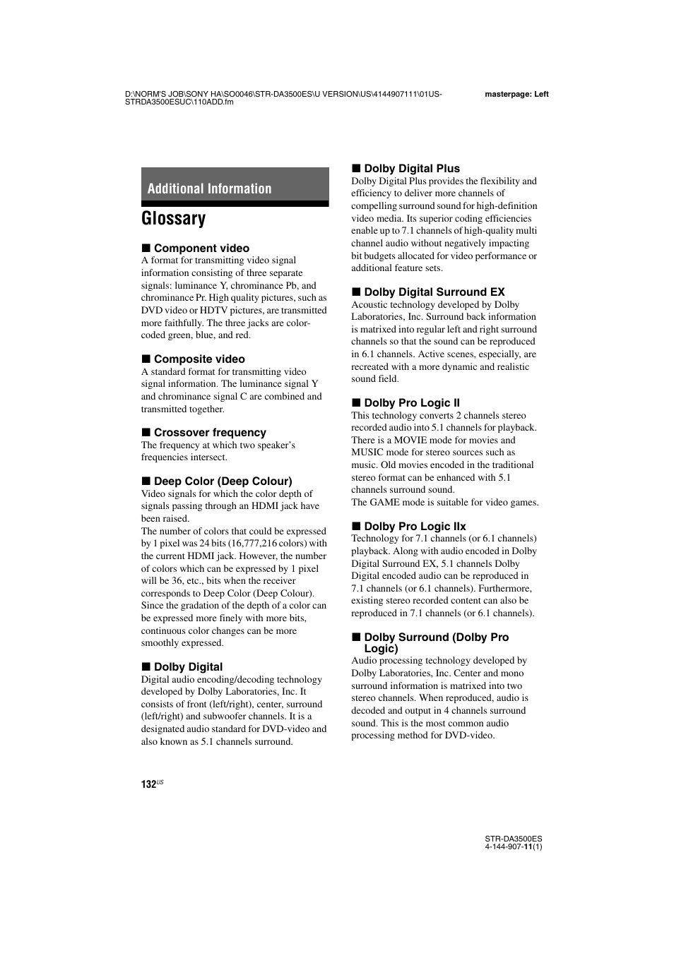 Additional information, Glossary | Sony STR-DA3500ES User Manual | Page 132 / 148