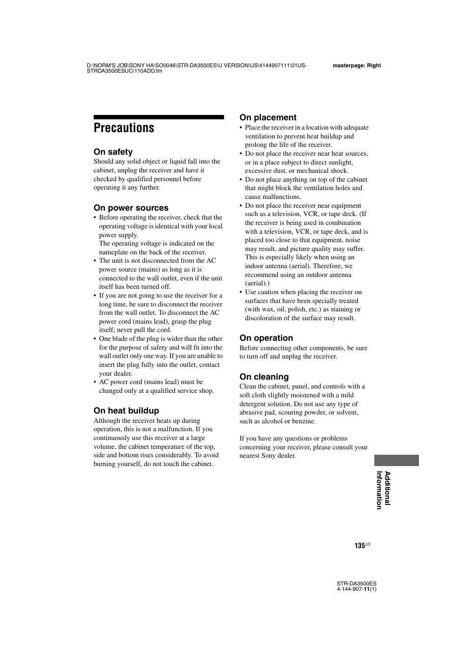 Precautions | Sony STR-DA3500ES User Manual | Page 135 / 148