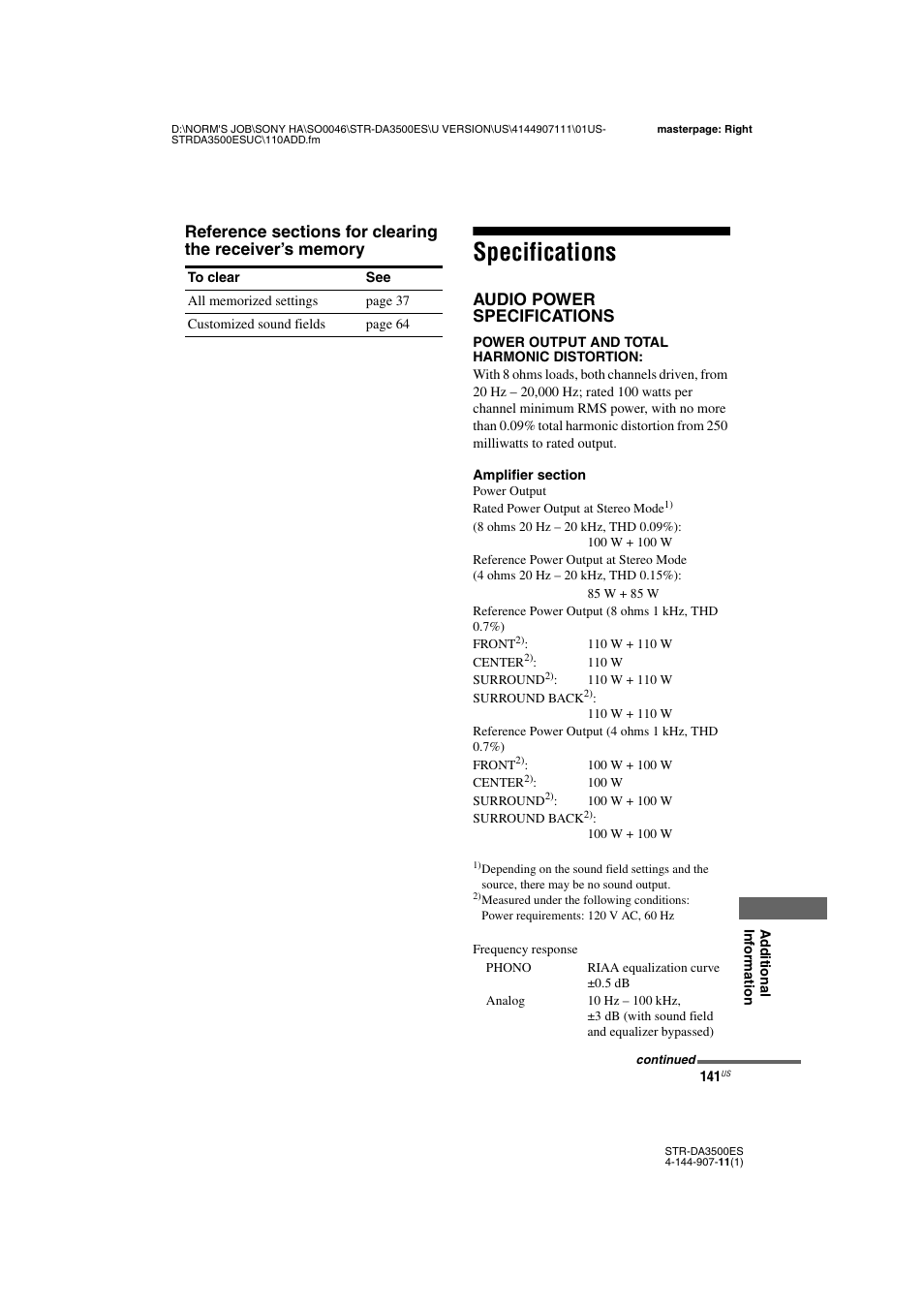 Specifications, Audio power specifications | Sony STR-DA3500ES User Manual | Page 141 / 148