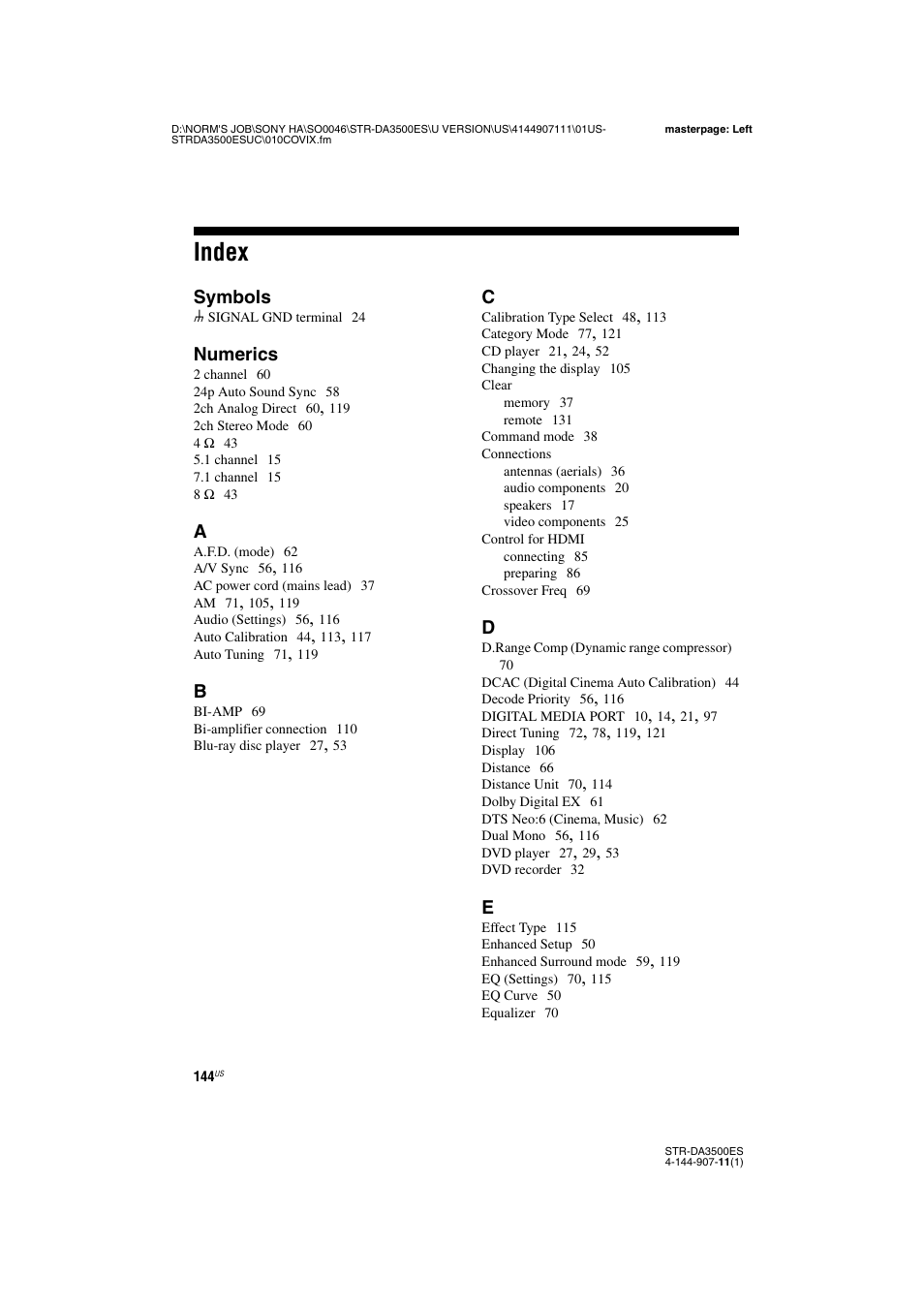 Index | Sony STR-DA3500ES User Manual | Page 144 / 148