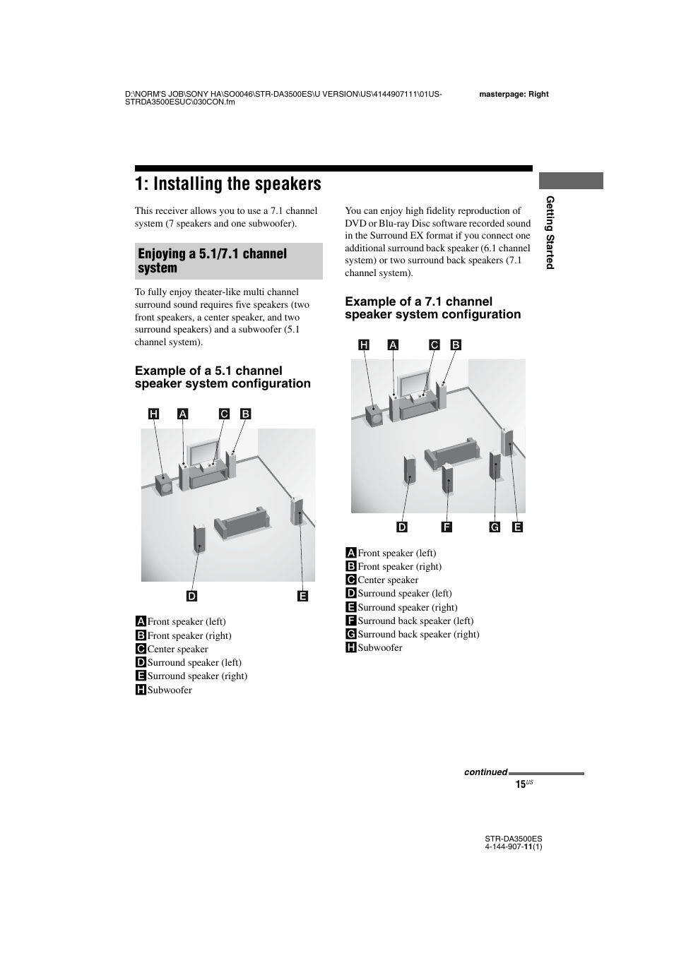 Installing the speakers, Enjoying a 5.1/7.1 channel system | Sony STR-DA3500ES User Manual | Page 15 / 148