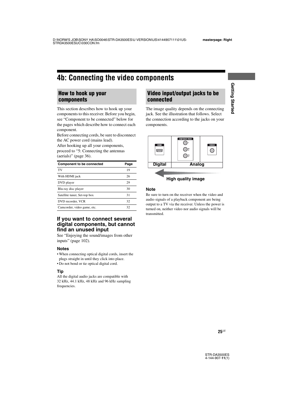 4b: connecting the video components, How to hook up your components, Video input/output jacks to be connected | Sony STR-DA3500ES User Manual | Page 25 / 148
