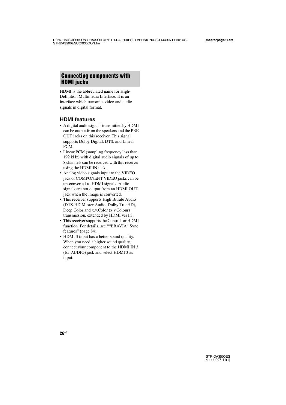 Connecting components with hdmi jacks | Sony STR-DA3500ES User Manual | Page 26 / 148