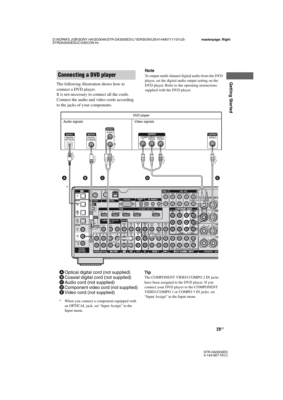 Connecting a dvd player | Sony STR-DA3500ES User Manual | Page 29 / 148