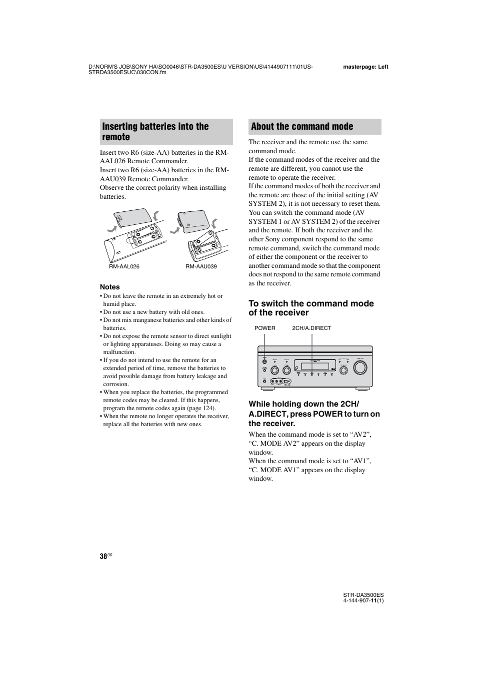 Inserting batteries into the remote, About the command mode | Sony STR-DA3500ES User Manual | Page 38 / 148