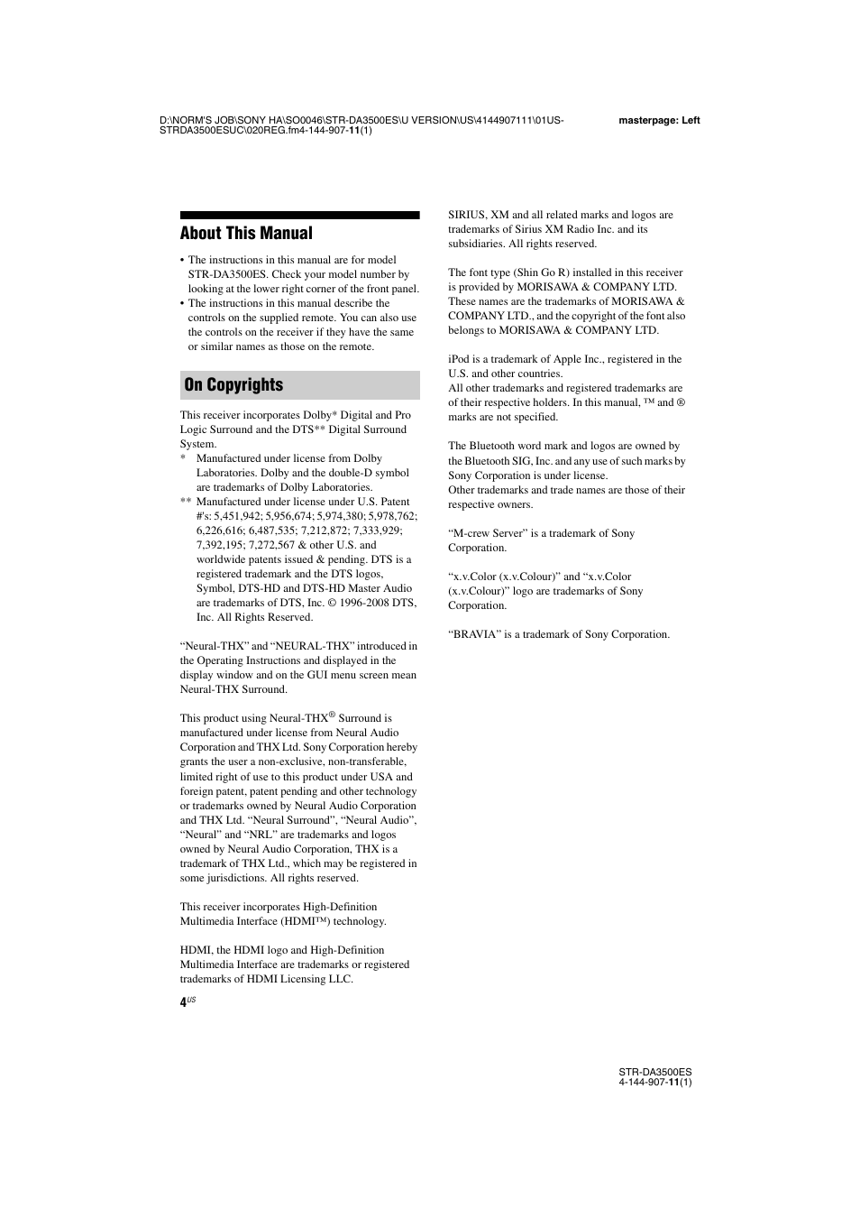 About this manual, On copyrights | Sony STR-DA3500ES User Manual | Page 4 / 148